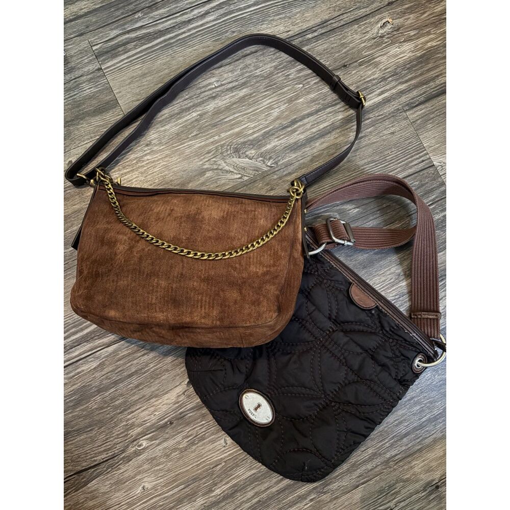 Rare Fossil Corded BRN Suede Jolie & Vintage Key-Per Fabric Quilted Crossbody
